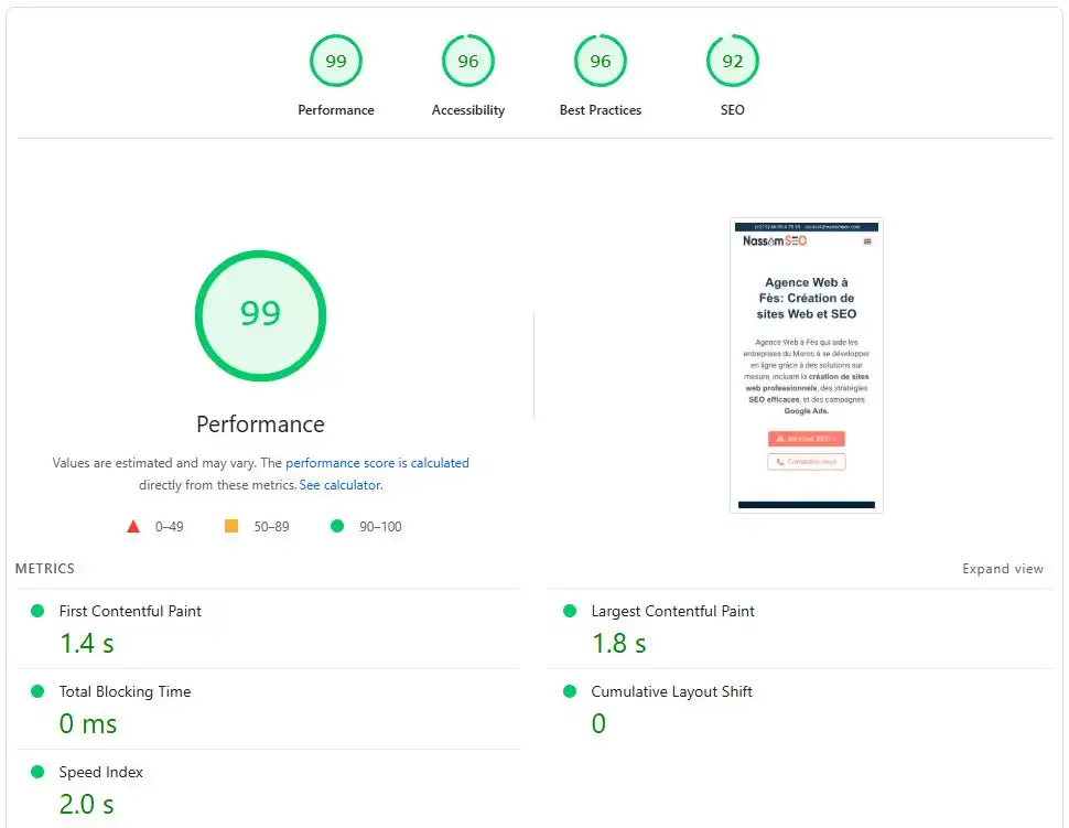 Score PageSpeed 99 — performance NassimSEO