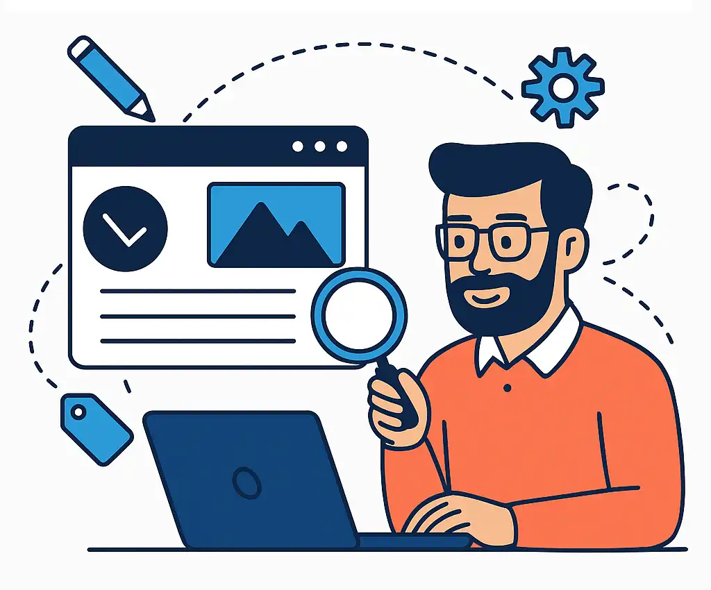 Illustration présentant notre avatar entrain d'optimiser le contenu d'un site web