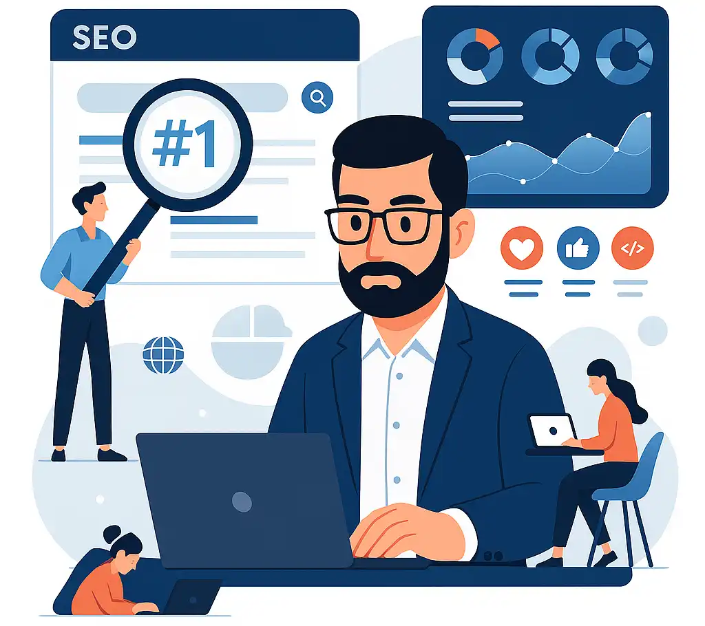 Illustration présentant notre avatar et des éléments du SEO